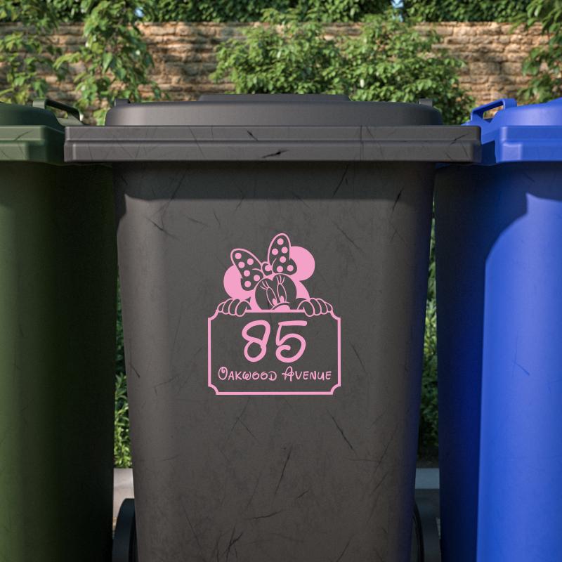 Personalised Wheelie Bin Sticker vinyl house numbers Road Name Minnie Mouse