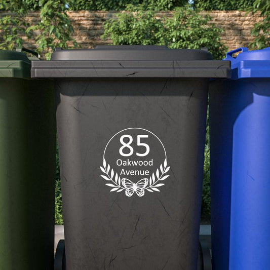 Personalised Wheelie Bin Sticker Decal Graphic vinyl house numbers butterfly