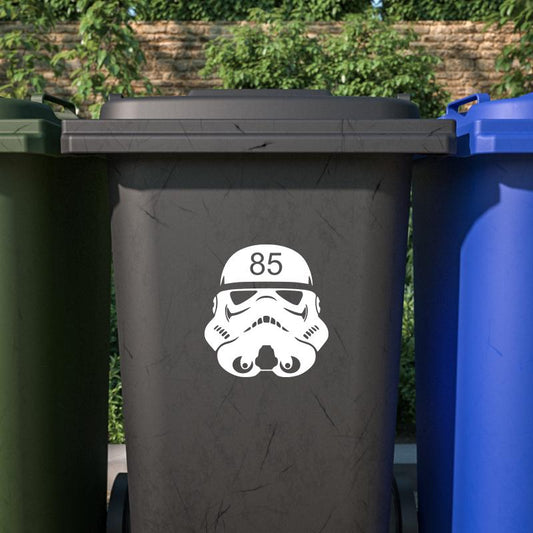 Personalised Wheelie Bin Sticker Decal Graphic vinyl house numbers stormtrooper